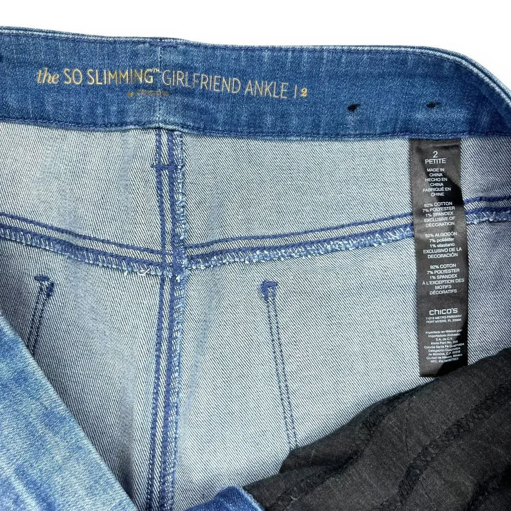 Chico's So Slimming Petite Indigo Patchwork Girlfriend Ankle Jeans Size‎ 2 NWOT